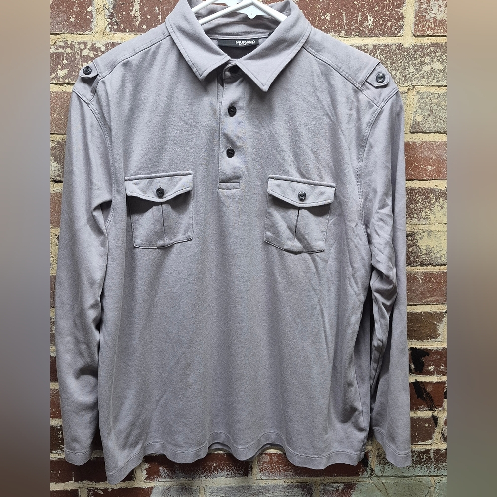 Murano Liquid Luxury Men's Long Sleeve Polo Shirt Size L Gray